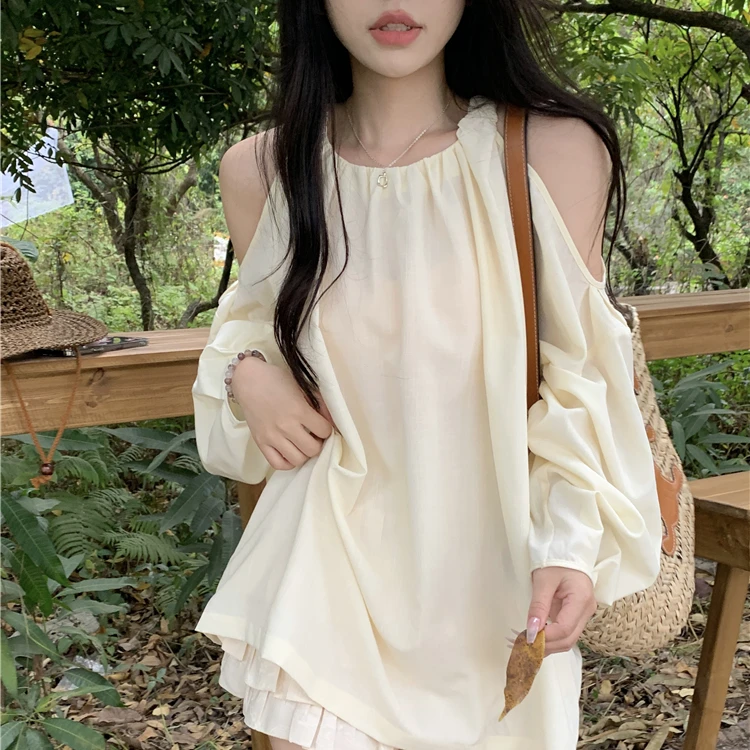 【清货】露肩衬衫女2024春秋新款法式宽松设计感百搭长袖衬衫上衣