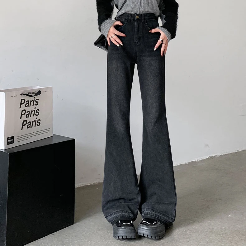 【清货】阔腿微喇裤女春秋高腰百搭显瘦港风黑色2024春秋新款牛仔裤