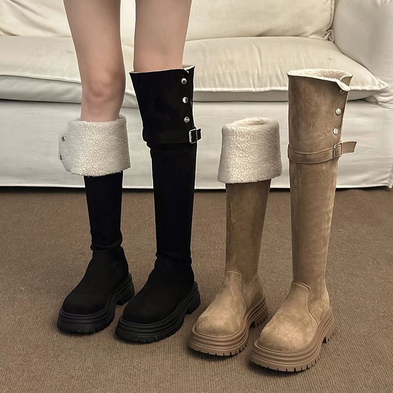 厚底长筒靴女2024新款秋冬季不过膝绒面长靴女款显瘦高筒骑士靴子