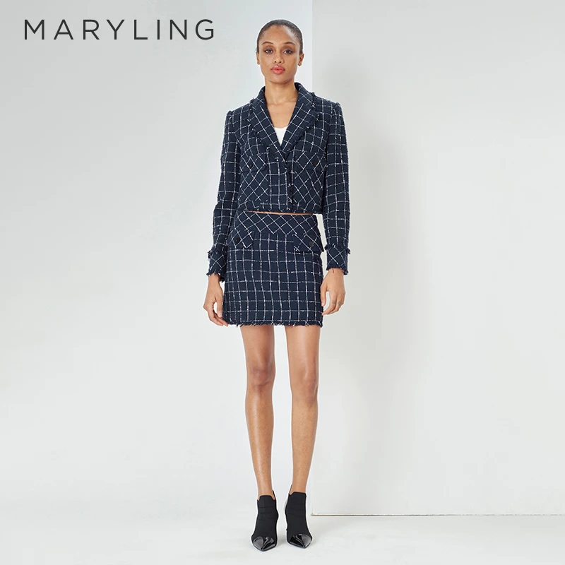 MARYLING玛俪琳春季时尚优雅翻领单排扣蓝底粗花呢外套A1DAW14110