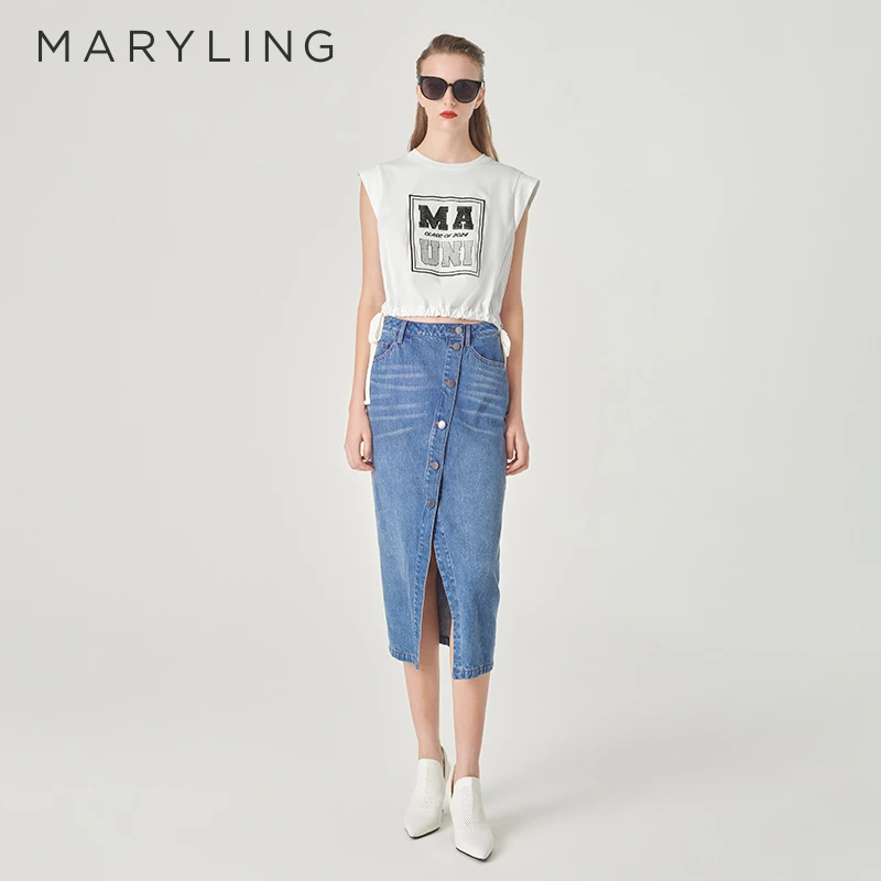 MARYLING 玛俪琳2024夏季新品日常百搭亮片刺绣LOGOT恤A1ECW22120