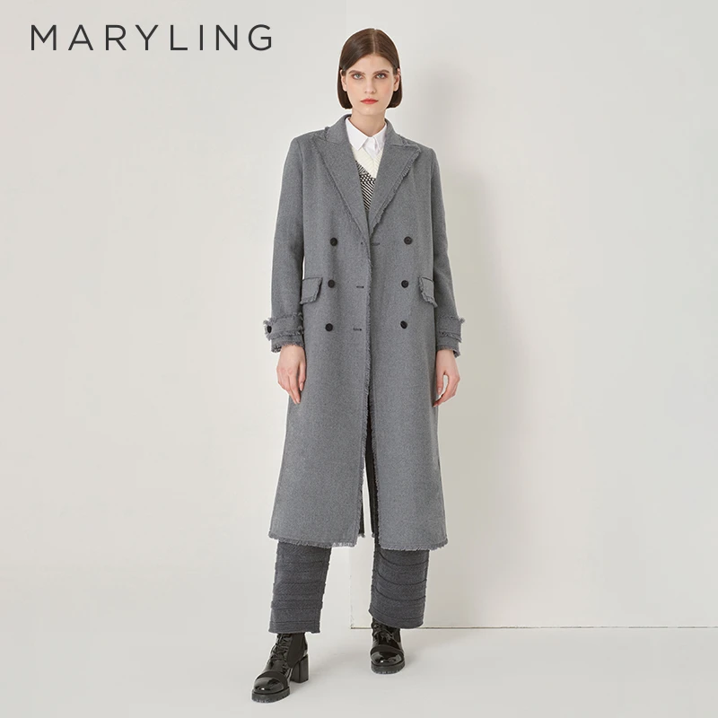 MARYLING玛俪琳冬灰色流苏花边H型双面呢宽松长款大衣A1DHW93310
