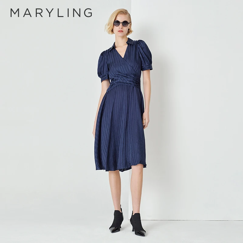 MARYLING玛俪琳初夏新品时髦干练午夜蓝条纹V领连衣裙A1DCW62460