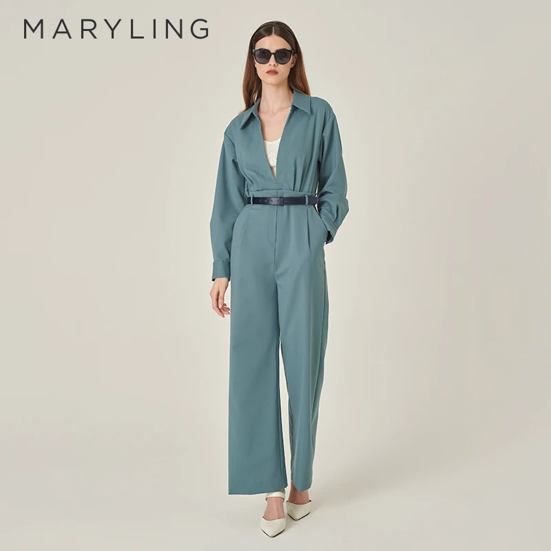 MARYLING 玛俪琳秋雾蓝色前胸深V尤莱特阔腿连体裤A1EFW57000