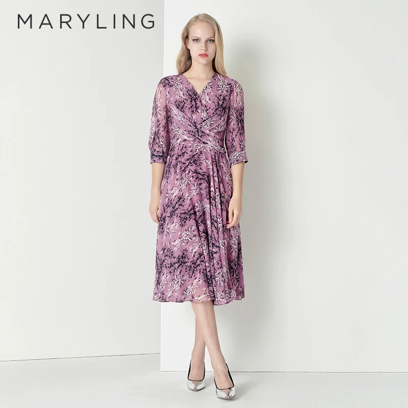 MARYLING玛俪琳气质时尚印花连衣裙优雅轻奢a字中长裙A1CFW61500