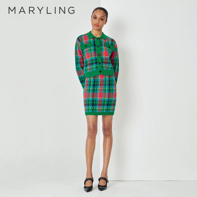 MARYLING玛俪琳春夏季多彩格纹T恤领格纹针织长袖开衫A1DAW08570