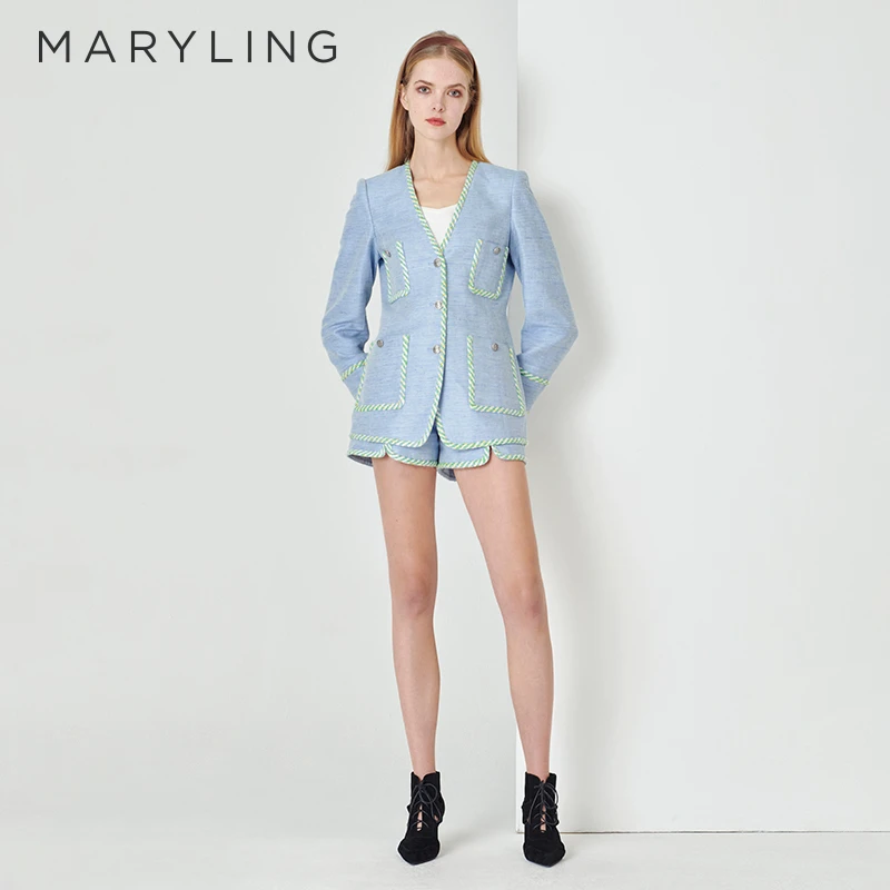 MARYLING玛俪琳设计师夏季新品时尚优雅丹宁蓝纽扣短裤A1DCW56030