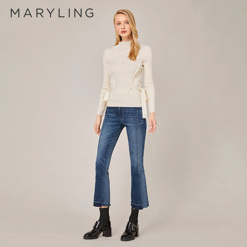 MARYLING 玛俪琳秋季奶油色打底系带立领针织衫A1BGW03440