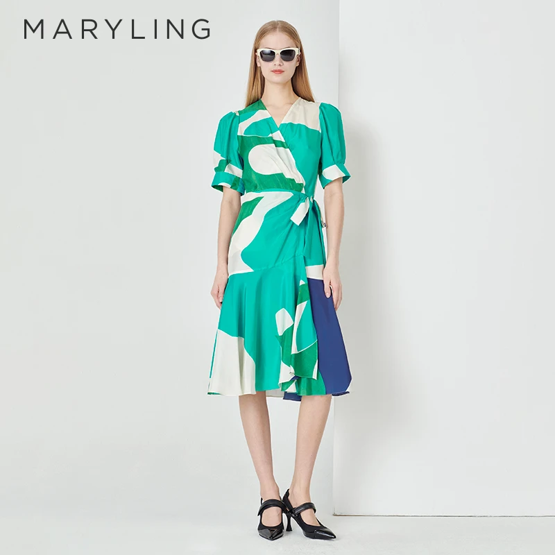 MARYLING玛俪琳设计师春夏气质显瘦V领时尚收腰A字长裙A1DDW63610