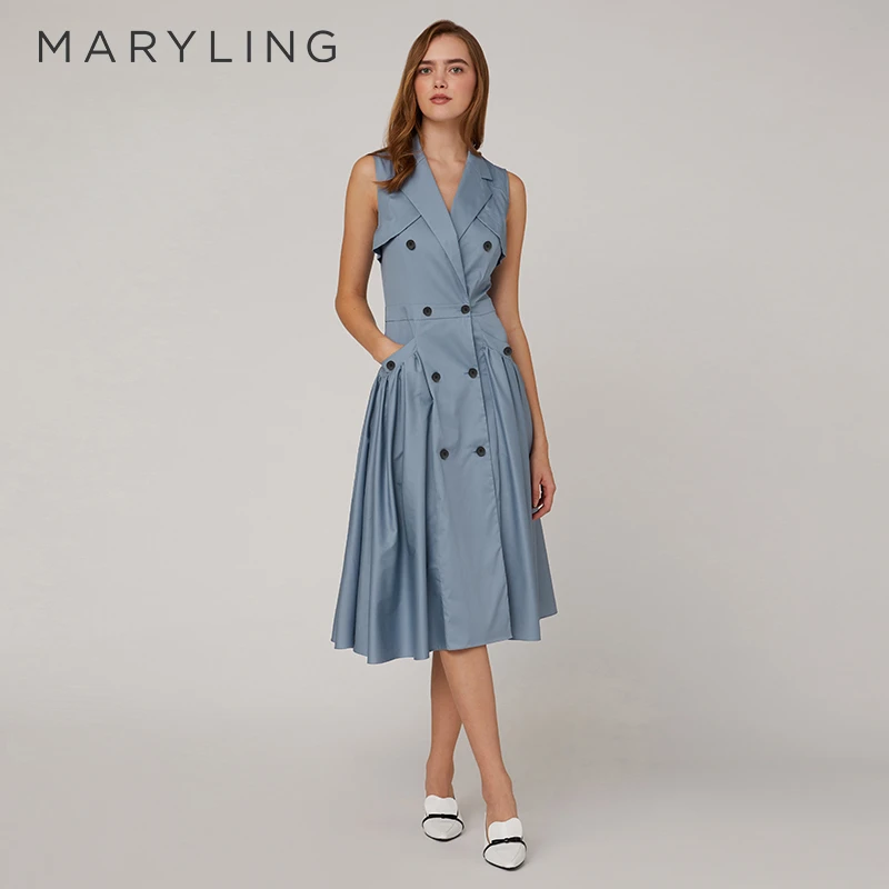 MARYLING玛俪琳夏季雾霾蓝无袖尤莱特翻领大摆连衣裙A1CCW61950