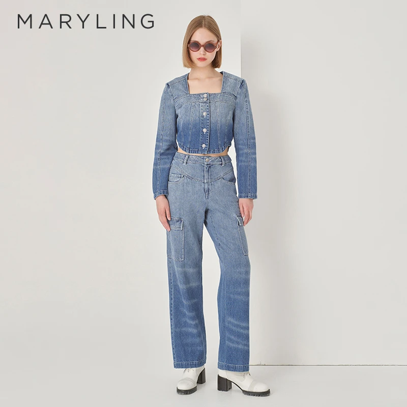 MARYLING玛俪琳初秋新品日常百搭渐变洗水阔腿牛仔裤女A1DFW56010