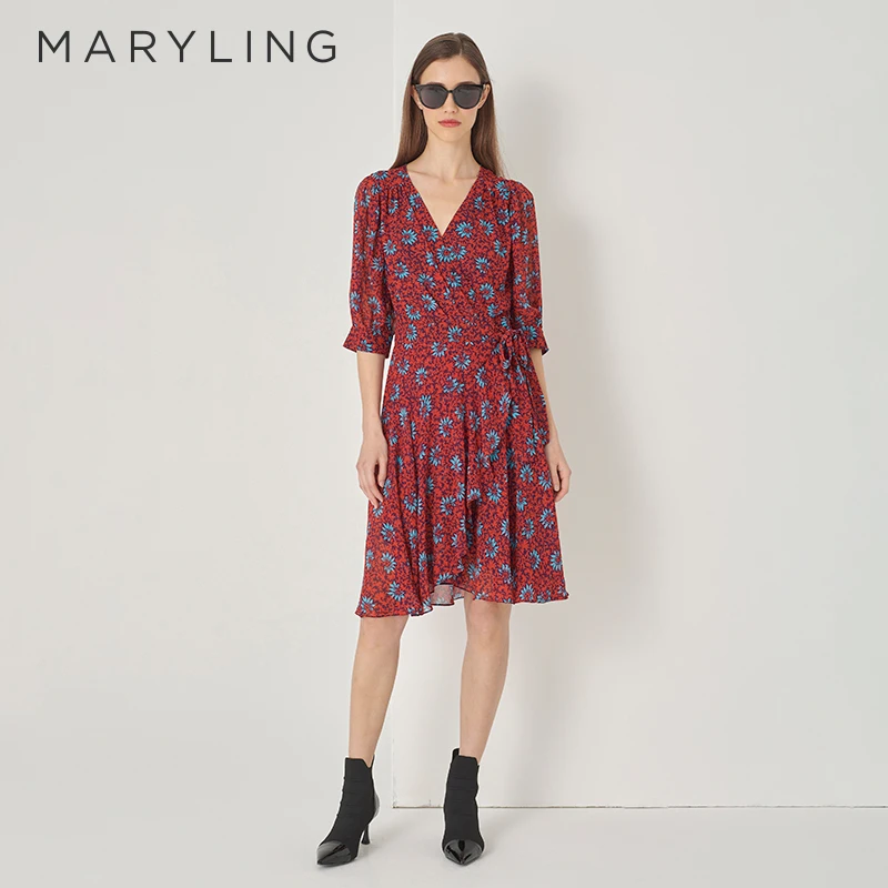 MARYLING玛俪琳圣诞穿搭优雅精致V领气质新年连衣裙A1DFW61310
