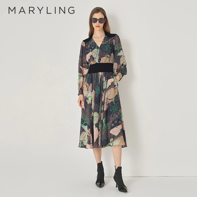 MARYLING玛俪琳秋款优雅时尚复古印花V领长款连衣裙A1DGW62020