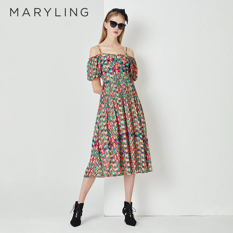 MARYLING玛俪琳初夏新品彩色缤纷方格吊带印花连衣裙女A1DCW62170