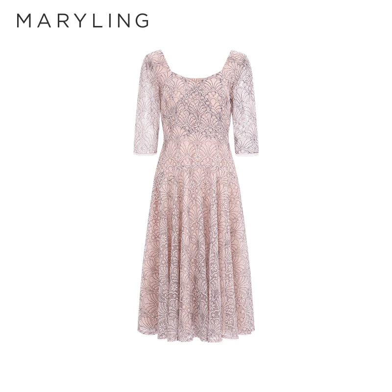 MARYLING玛俪琳春夏季优雅浪漫方领蕾丝五分袖连衣裙A1DBW61900