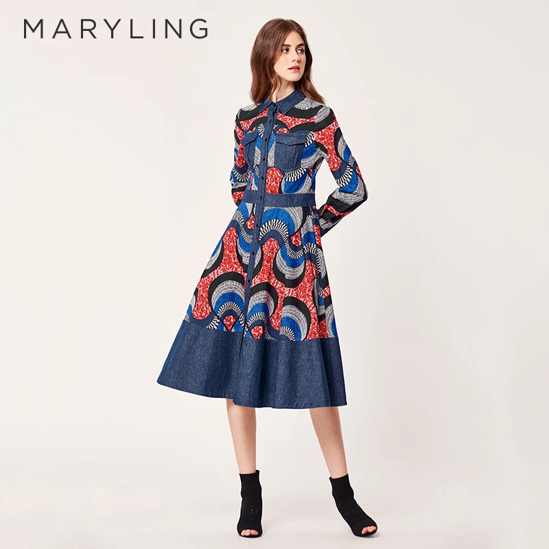 MARYLINGMARYLING玛俪琳气质牛仔棉布蓝色凤尾花连衣裙A1BA65400