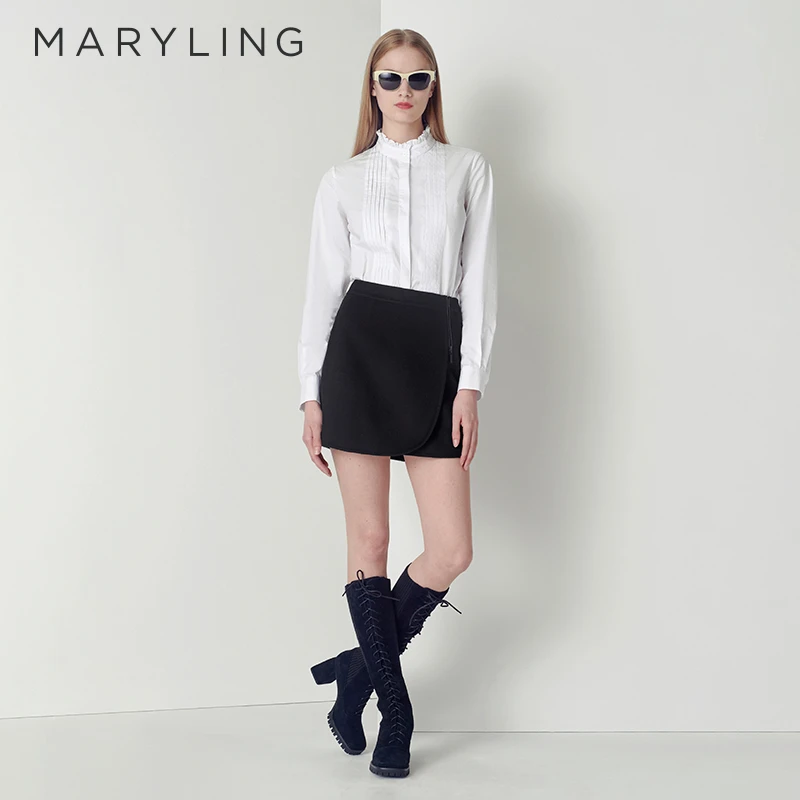 MARYLING玛俪琳秋季时尚百搭白色简约木耳边小立领衬衣A1CGW20180