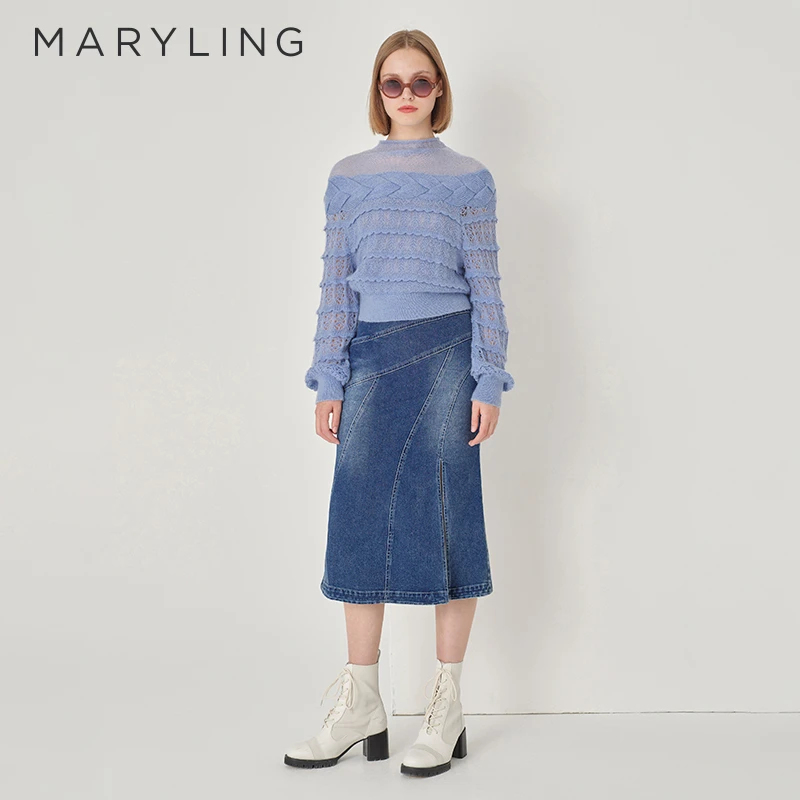 MARYLING玛俪琳初秋复古百搭水洗牛仔鱼尾开叉半裙女A1DGW72290