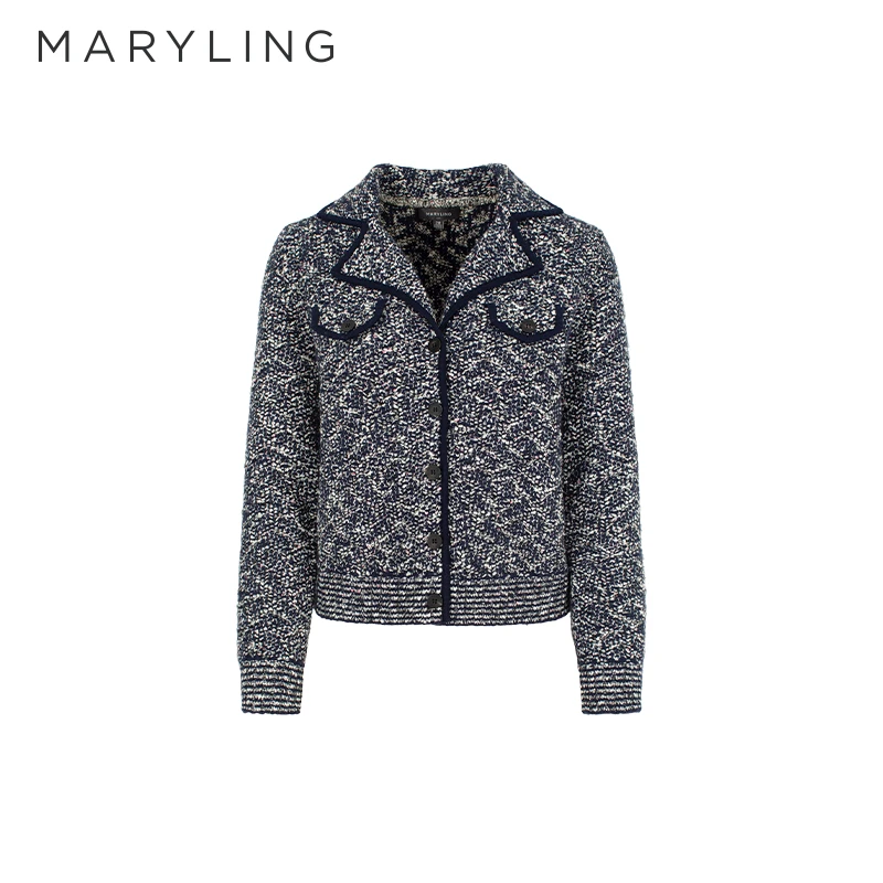 MARYLING玛俪琳冬季新品复古西装领双口袋针织开衫A1EHW08610