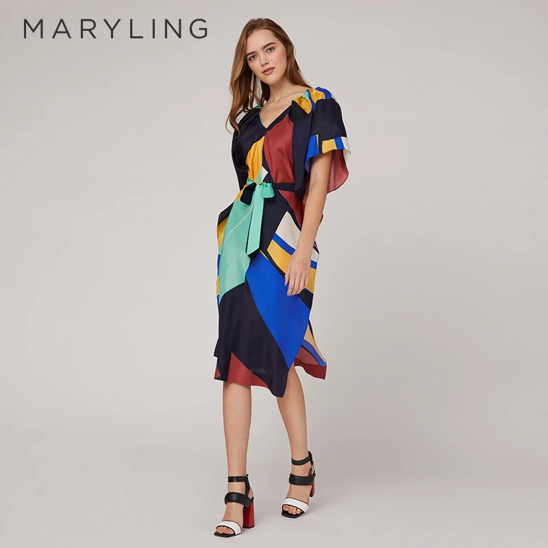 MARYLING玛俪琳夏季时尚彩色大V领荷叶袖真丝连衣裙A1CDW63970