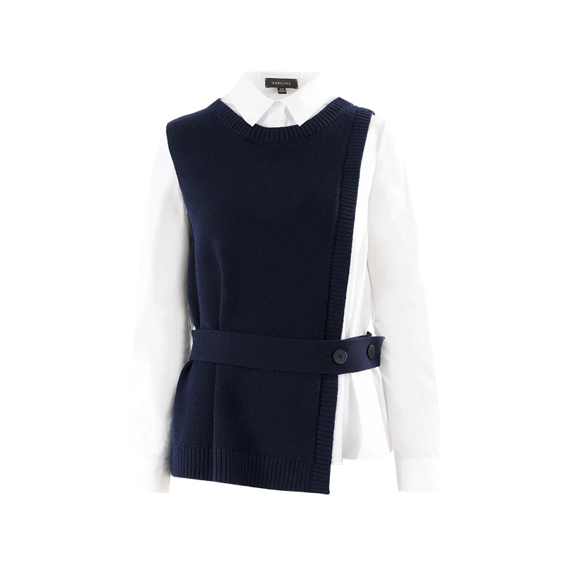 MARYLING玛俪琳冬季撞色衬衫不对称收腰针梭上衣A1BHW24010