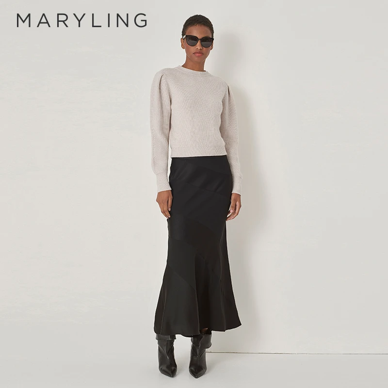 MARYLING玛俪琳冬季浅驼色小圆领泡泡袖羊毛针织套头衫A1DIW01080