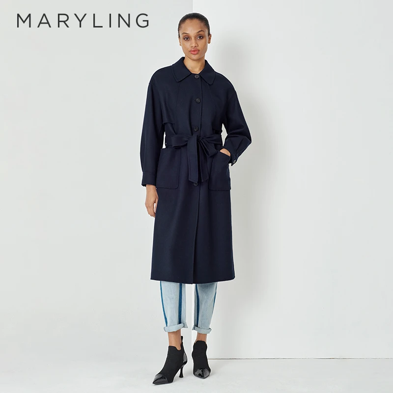 MARYLING玛俪琳春秋午夜蓝小翻领时尚双面呢长款大衣A1DAW17040