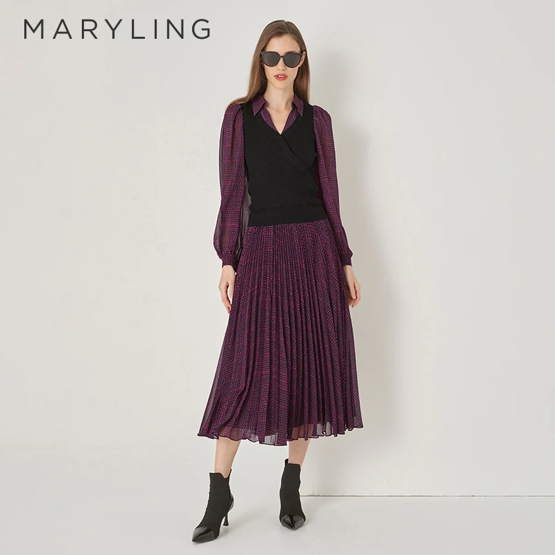 MARYLING玛俪琳冬季复古优雅立体压褶裙摆印花半身裙A1DHW72520