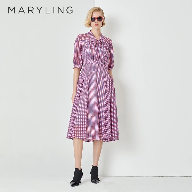 MARYLING玛俪琳春季新品红白蓝方格衬衫中袖气质连衣裙A1DBW63070