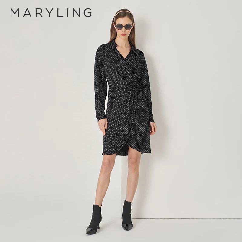MARYLING玛俪琳初秋时尚新品黑底波尔卡圆点气质连衣裙A1DFW61280