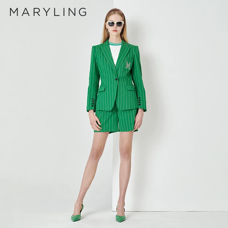 MARYLING玛俪琳春夏季新品优雅通勤绿底白条单扣西装A1DBW14190