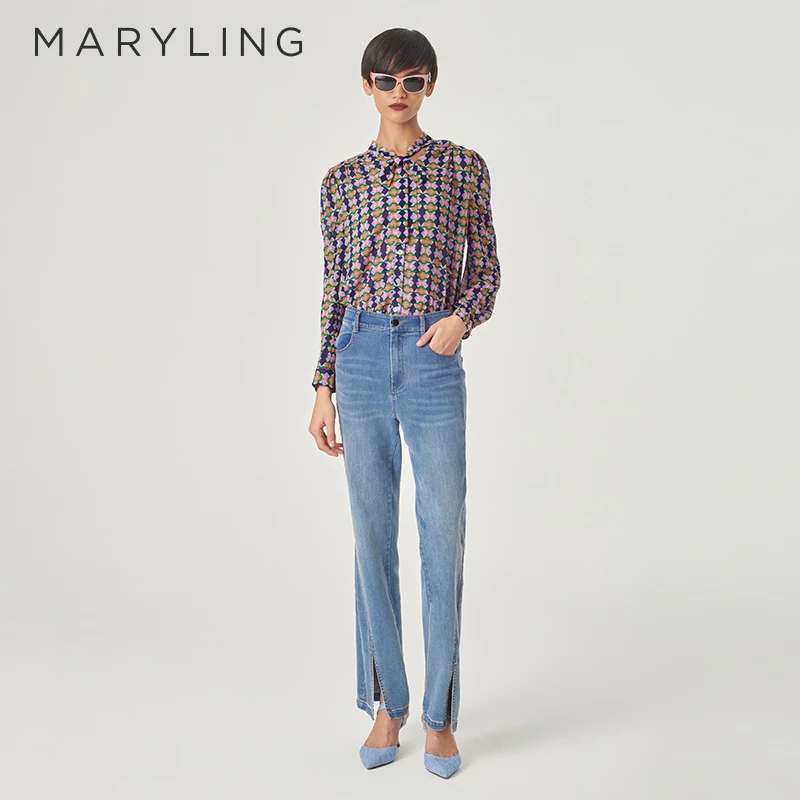 MARYLING玛俪琳24初春新品优雅印花蝴蝶结领带复古衬衫A1EAW20260