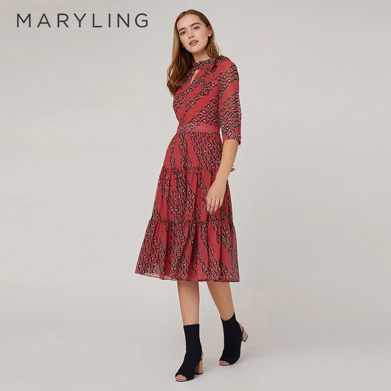 MARYLING玛俪琳复古红黑锁链印花塔塔裙A字连衣裙A1CAW62650