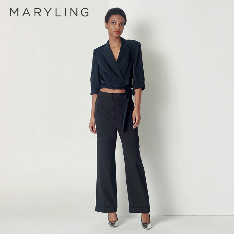 MARYLING玛俪琳秋季深蓝淑女端庄优雅西装领绑带上衣A1CFW26090