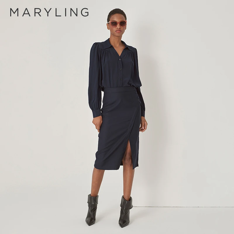 MARYLING玛俪琳初秋新品性感优雅深蓝色侧钮扣开叉半裙A1DGW72060