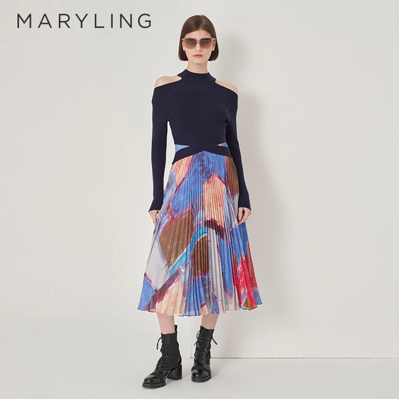 MARYLING玛俪琳秋季气质优雅露肩收腰长款印花连衣裙A1DGW62100