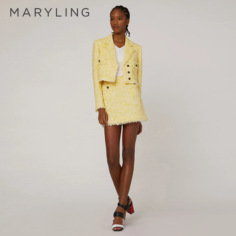 MARYLING玛俪琳春季时尚晨光黄流苏粗花呢A字半身裙A1CBW70020