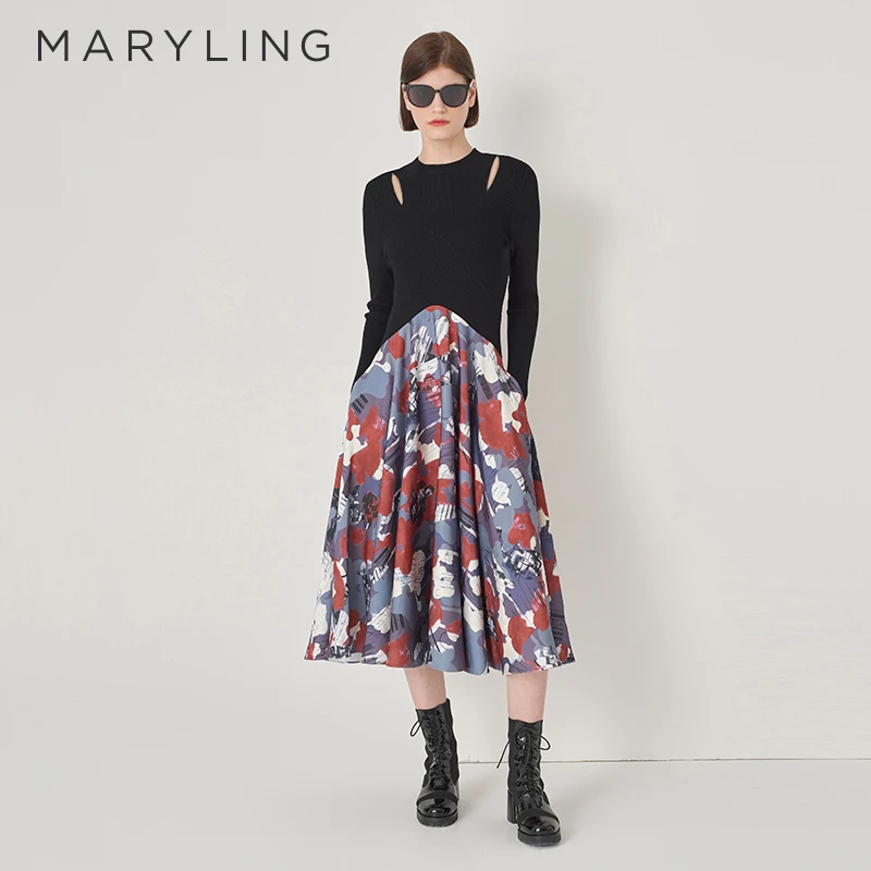 MARYLING玛俪琳秋季时尚灰蓝红抽象油彩印花针梭连衣裙A1DGW62240