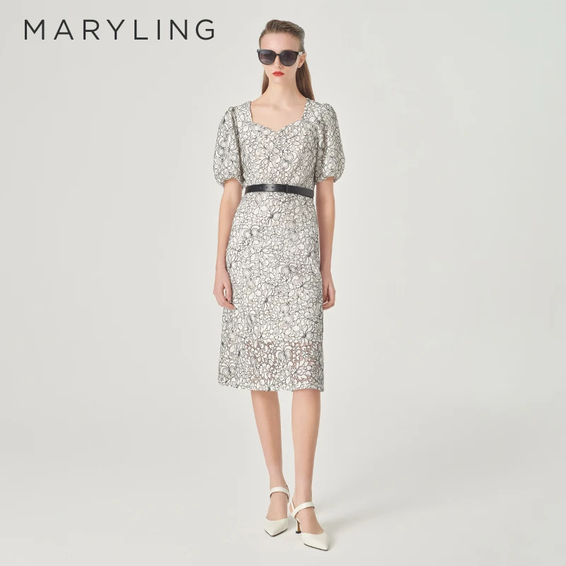 MARYLING  玛俪琳2024夏季新品黑白撞色方领蕾丝连衣裙A1ECW63510