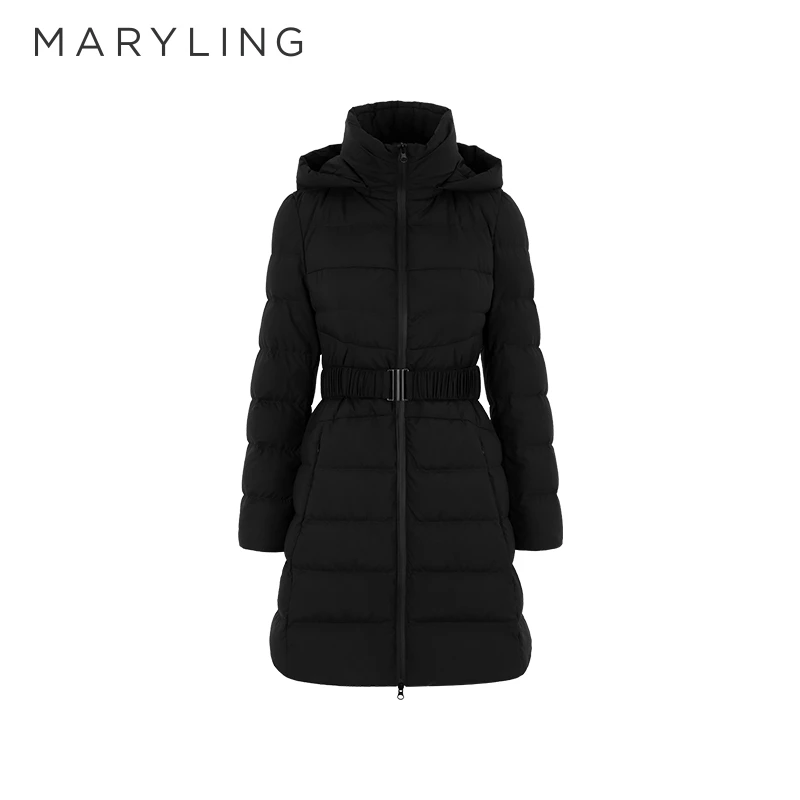 MARYLING玛俪琳2024冬季新品休闲百搭黑色中长款羽绒服A1EHW98190