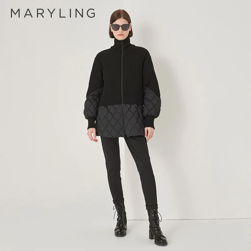MARYLING玛俪琳冬季黑色毛织拼接高领羽绒服A1DHW98180