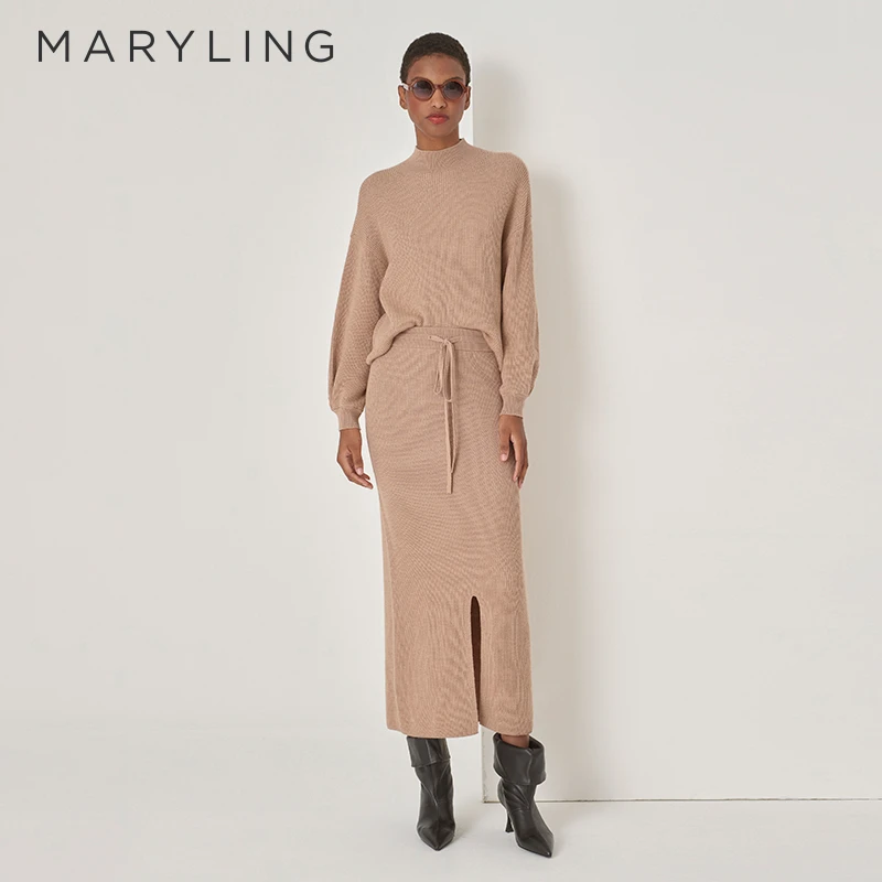 MARYLING玛俪琳休闲知性秋季浅驼色直筒开叉针织半身裙A1DGW05180