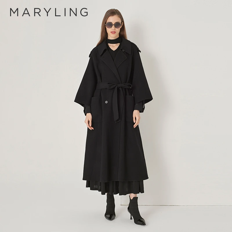 MARYLING玛俪琳冬季黑色翻领双排扣双面呢系带宽松大衣A1DHW93590