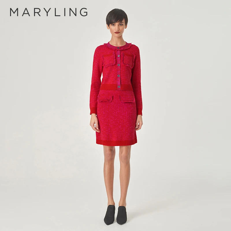 MARYLING玛俪琳24初春新品莓果红流苏边短款收腰半身裙A1EAW05600