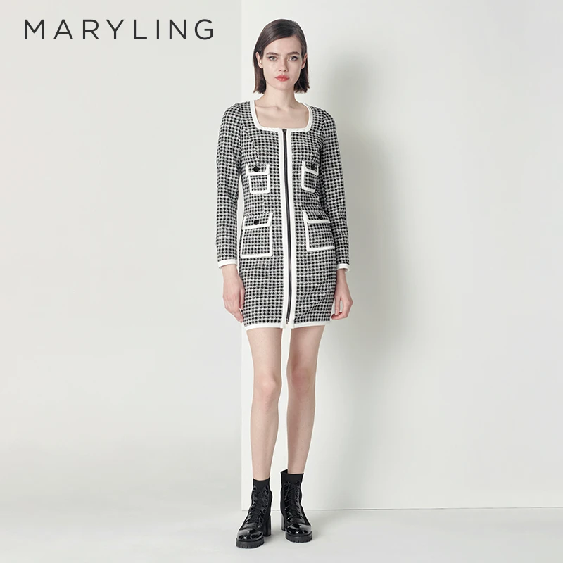 MARYLING玛俪琳秋季时尚简约黑白千鸟格撞色边连衣裙女A1CGW62010