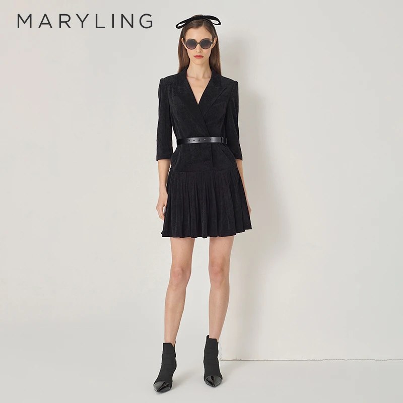 MARYLING玛俪琳初秋黑色时尚通勤双排扣压褶裙摆连衣裙A1DFW61110