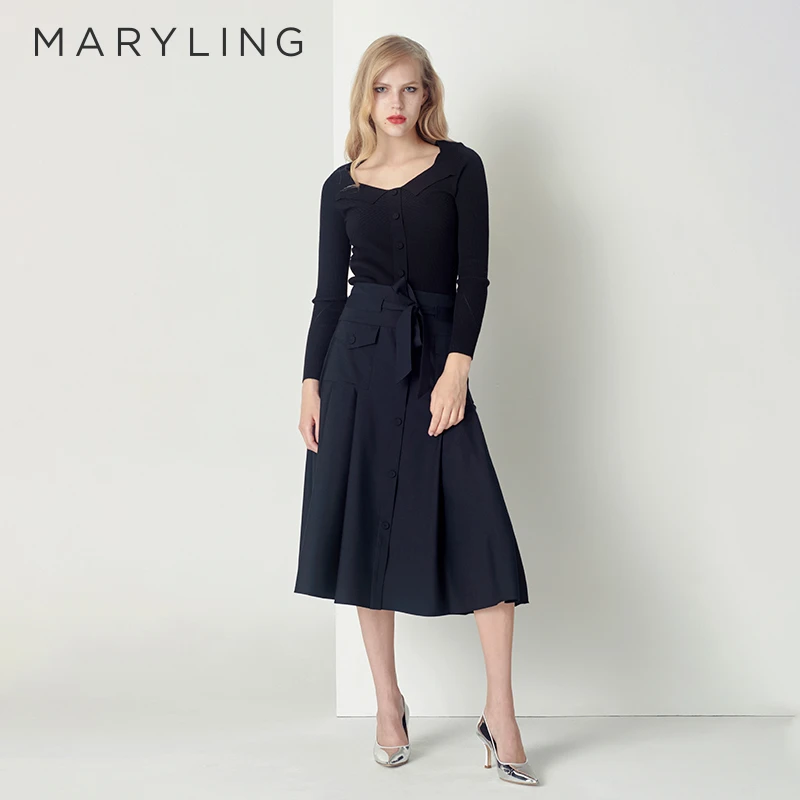 MARYLING玛俪琳设计师女装优雅百搭深蓝气质百褶半身裙A1CFW72190