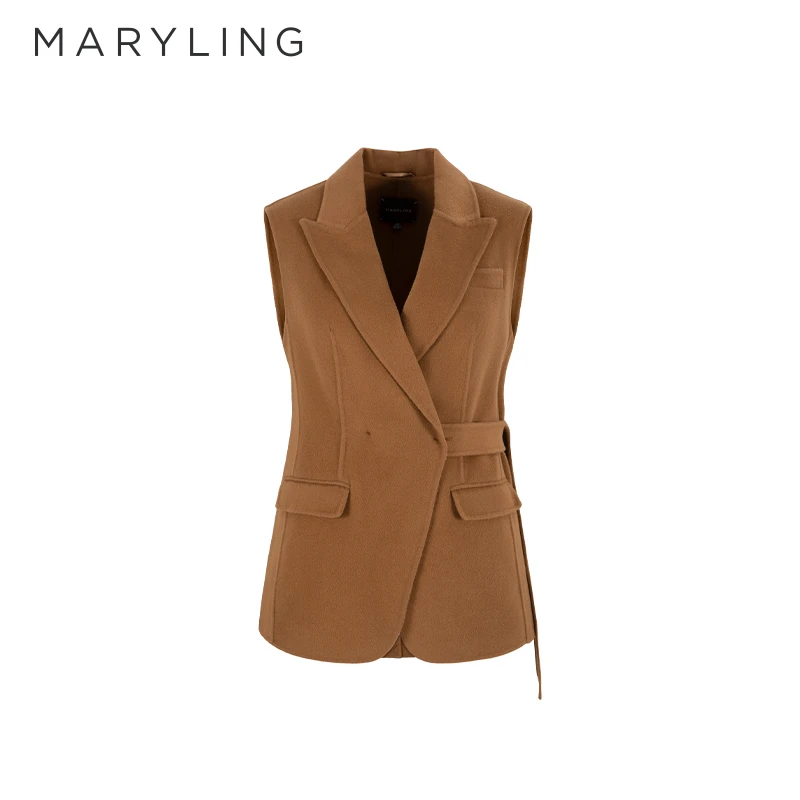 MARYLING玛俪琳2024秋季新品驼色丝羊毛双面呢系带马甲A1EGW14360
