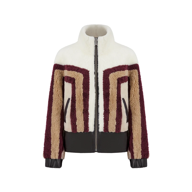 MARYLING 玛俪琳冬季浅驼色几何条纹机车风翻领外套A1CHW9R070