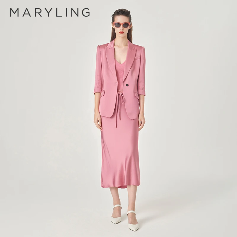 MARYLING玛俪琳2024春季新品雾粉色戗驳领收腰西装外套A1EBW10170